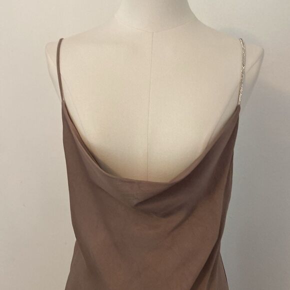 Zara Taupe Rhinestone Strap Mini Slip Dress Size Small - Picture 5 of 15
